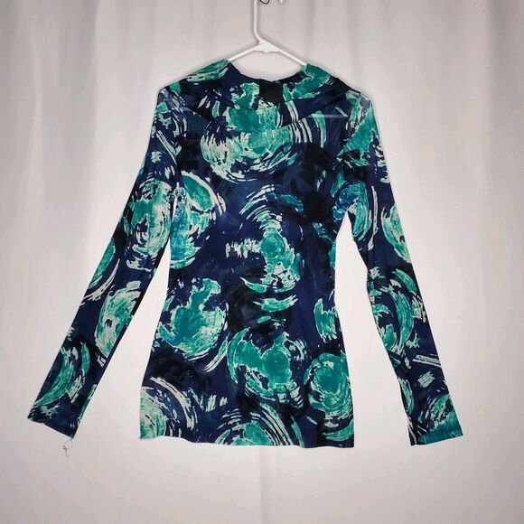 Karen Kane Mesh Top Womens XL Cowl Neck Long Sleeve Green Blue Floral Vtg Y2K - Picture 2 of 7